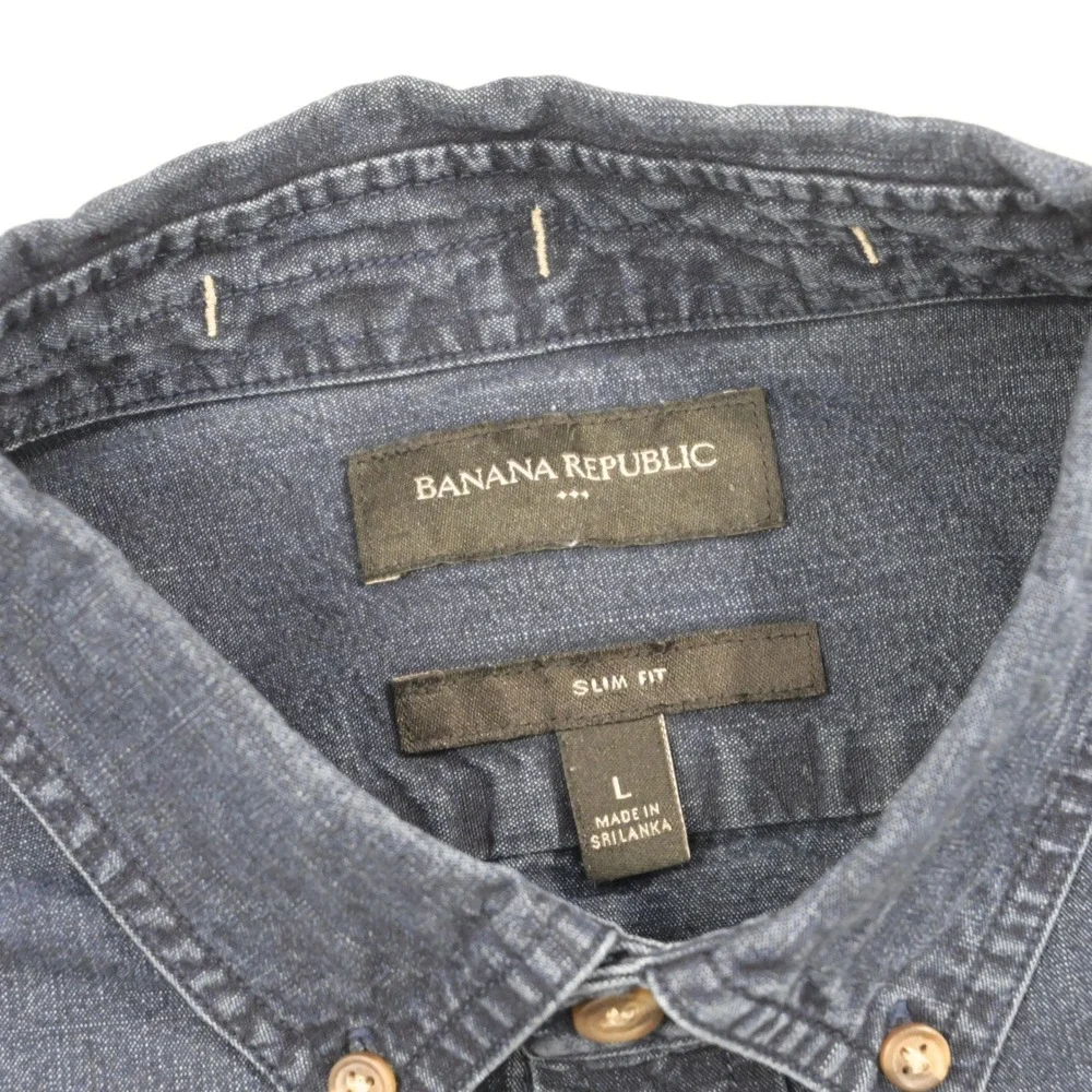 Banana Republic Button Up‎ Men L Slim Fit Blue Short Sleeve Denim Pocket Shirt